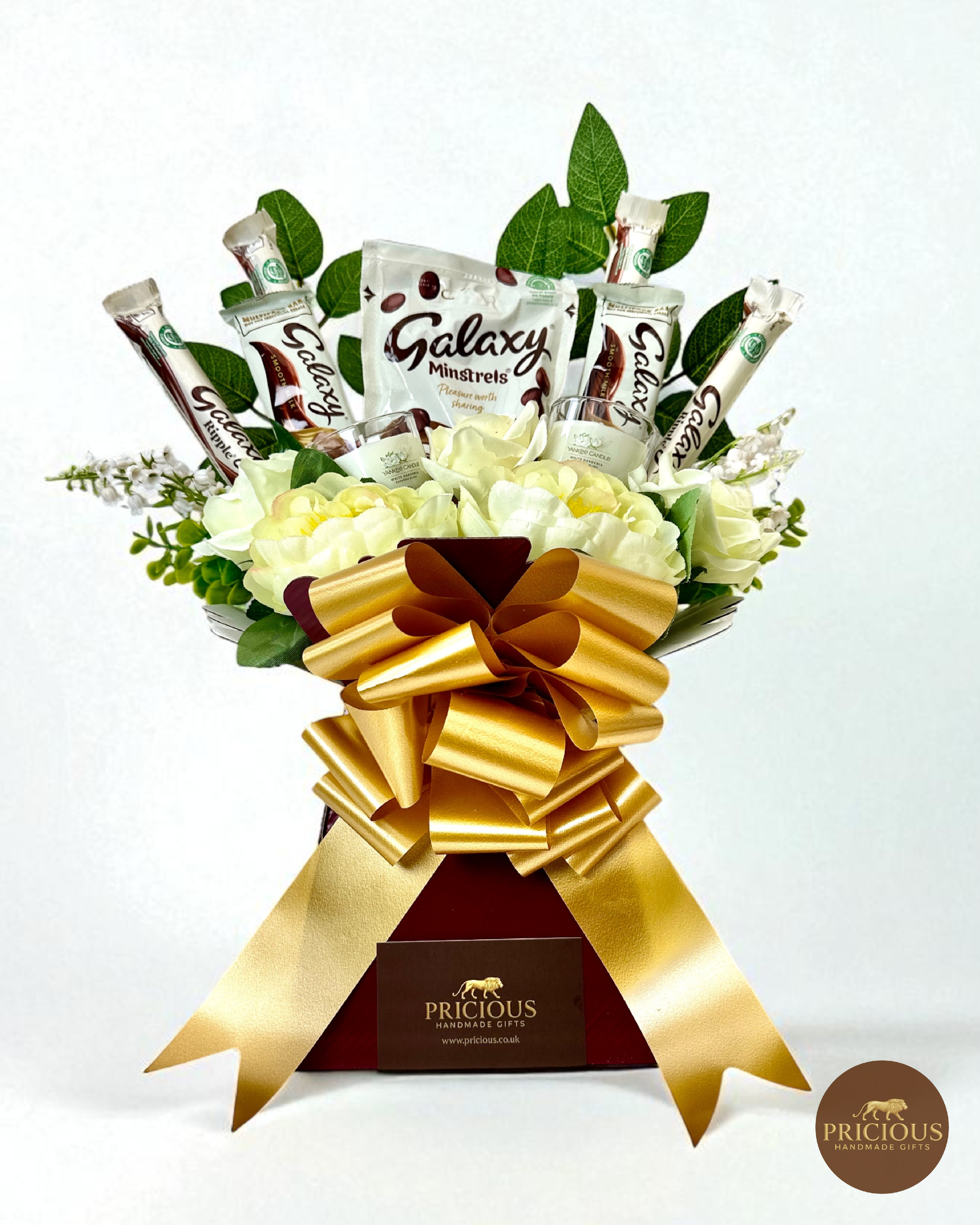 Front view Galaxy ivory rose & candle chocolate gift bouquet (burgundy & gold)