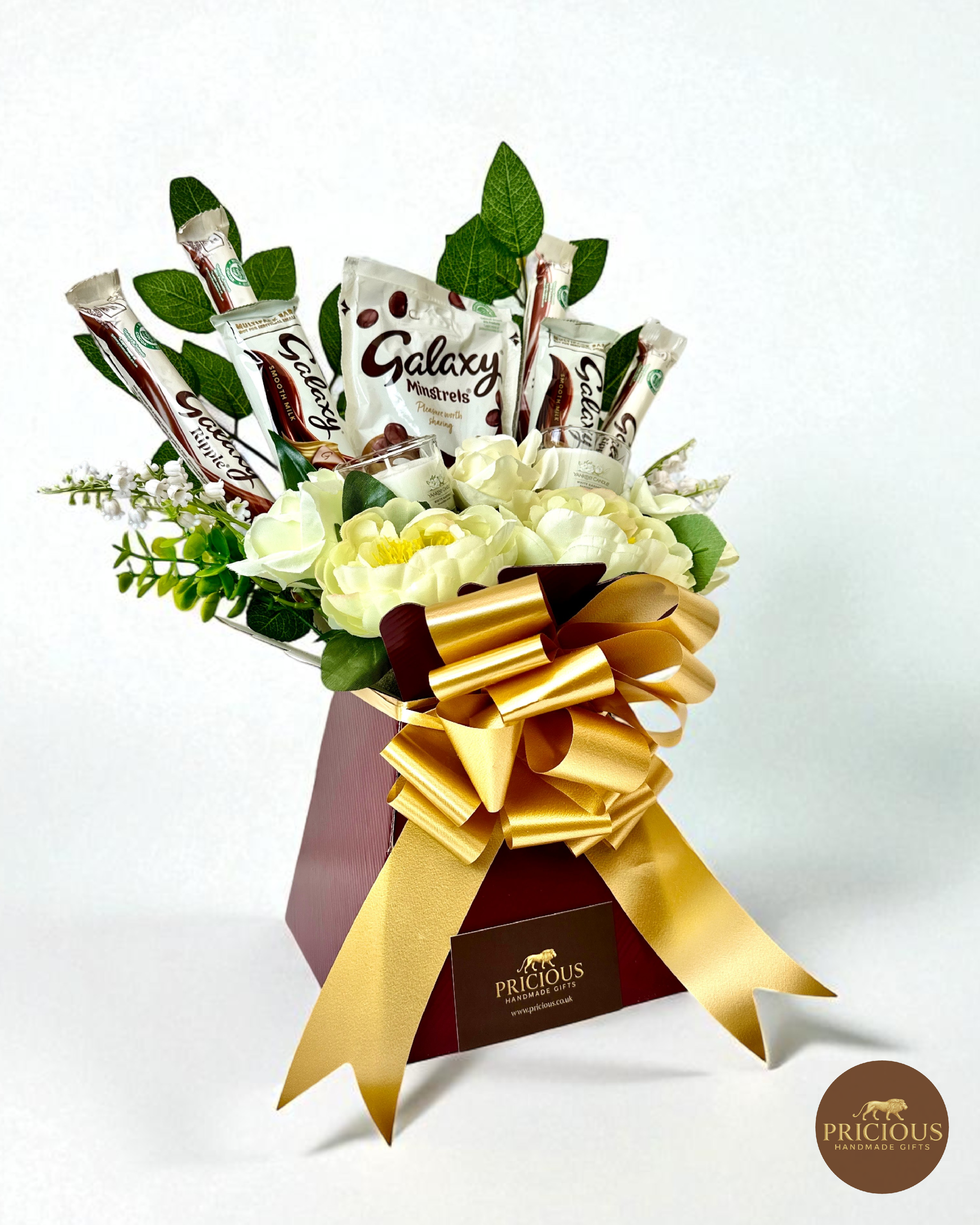 Side view—Galaxy & Yankee Candle bouquet (gold & burgundy)
