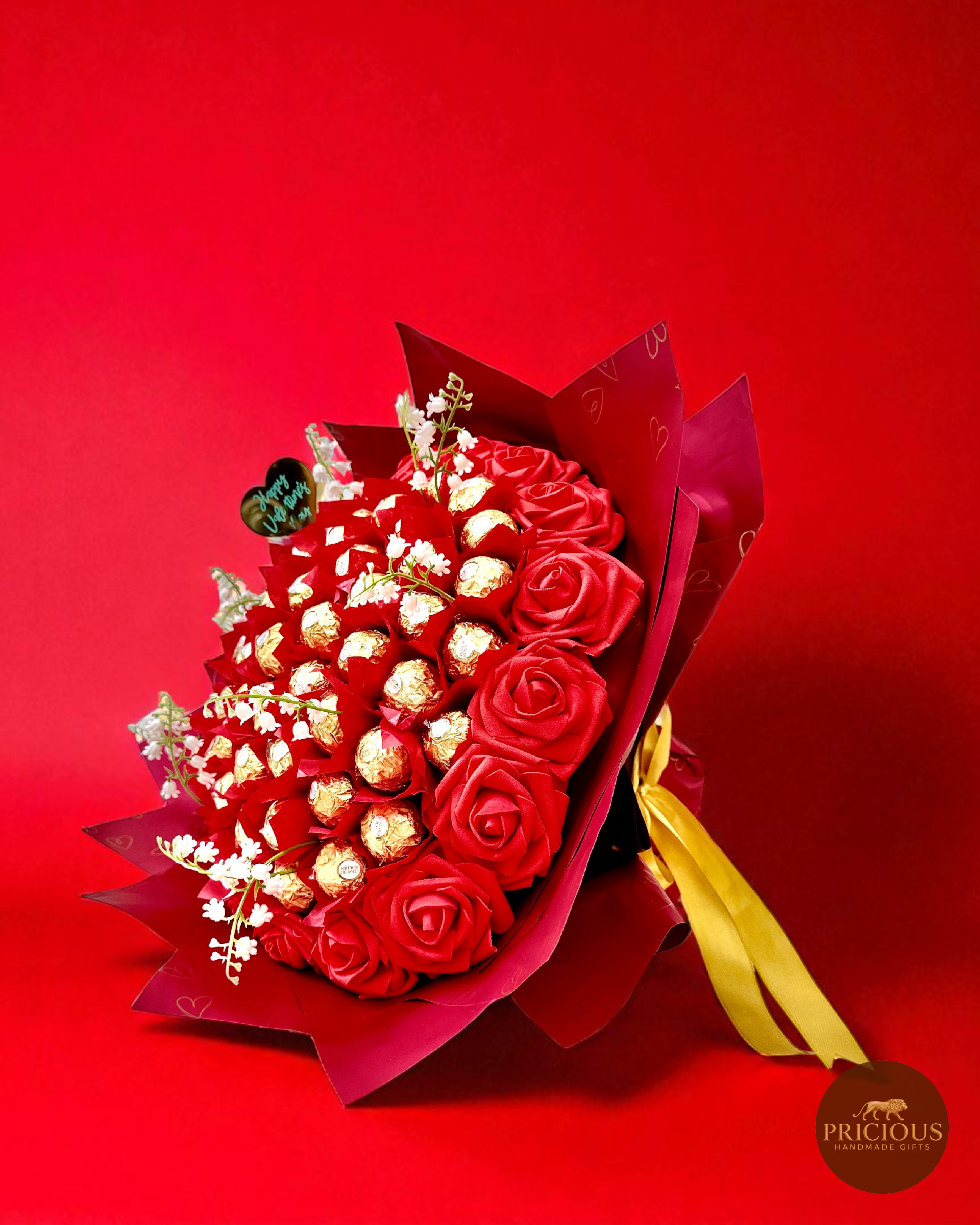 Ferrero Rocher red rose Valentine’s chocolate bouquet, red & burgundy with white florals
