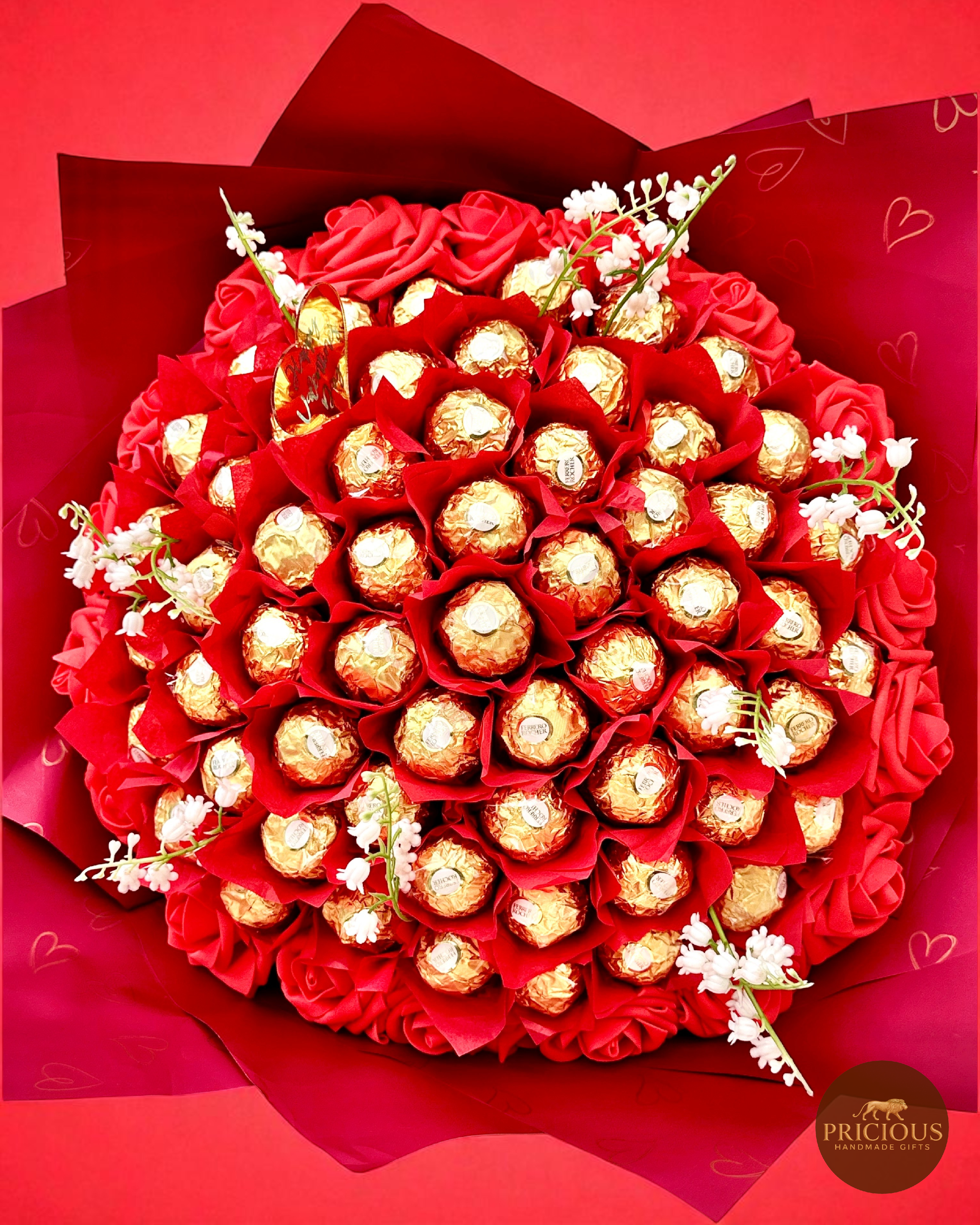 Top view Ferrero Rocher Valentine’s bouquet with heart tag