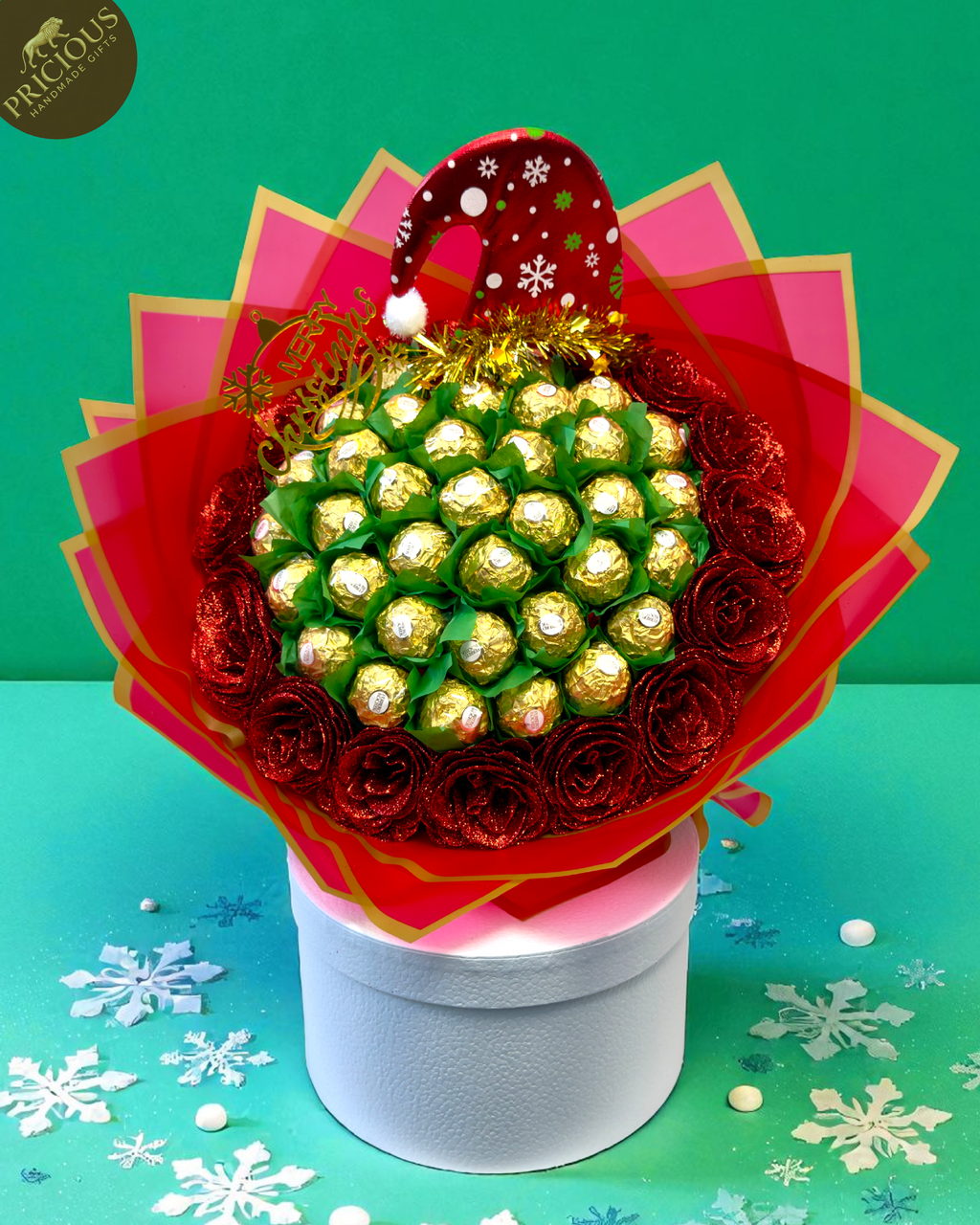 Christmas Ferrero Rocher with Red Glitter Roses Hand-Tied Chocolate Bouquet Gift
