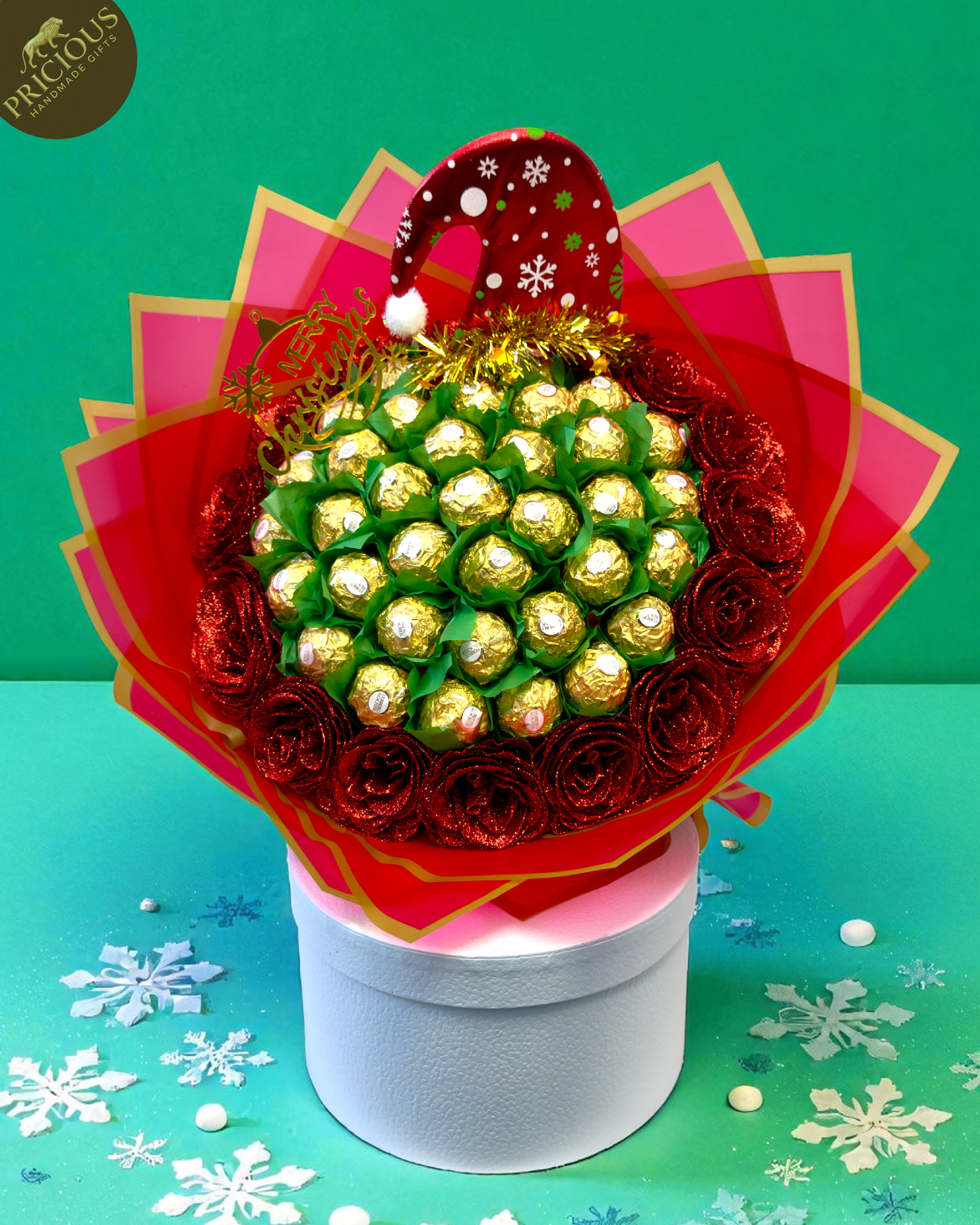 Christmas Ferrero Rocher with Red Glitter Roses Hand-Tied Chocolate Bouquet Gift