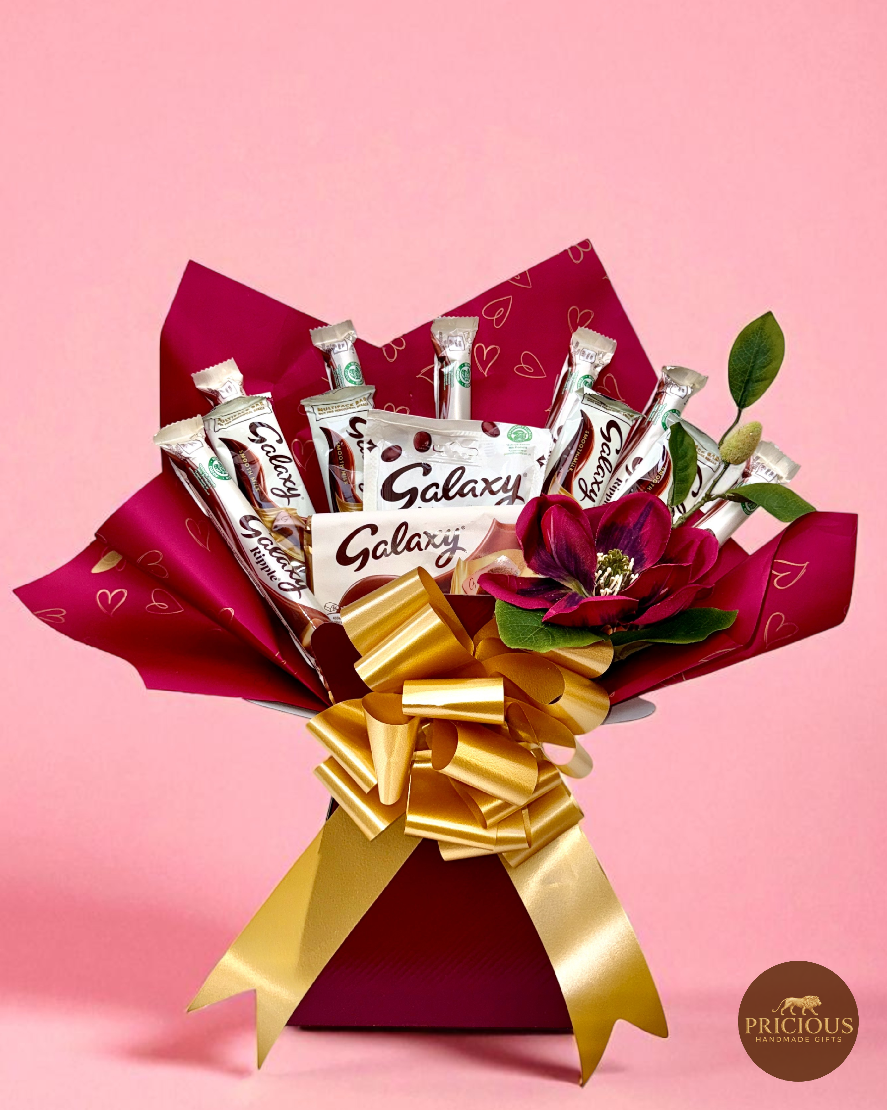 Ivory-foil Galaxy chocolate gift bouquet with burgundy wrap and gold bow
