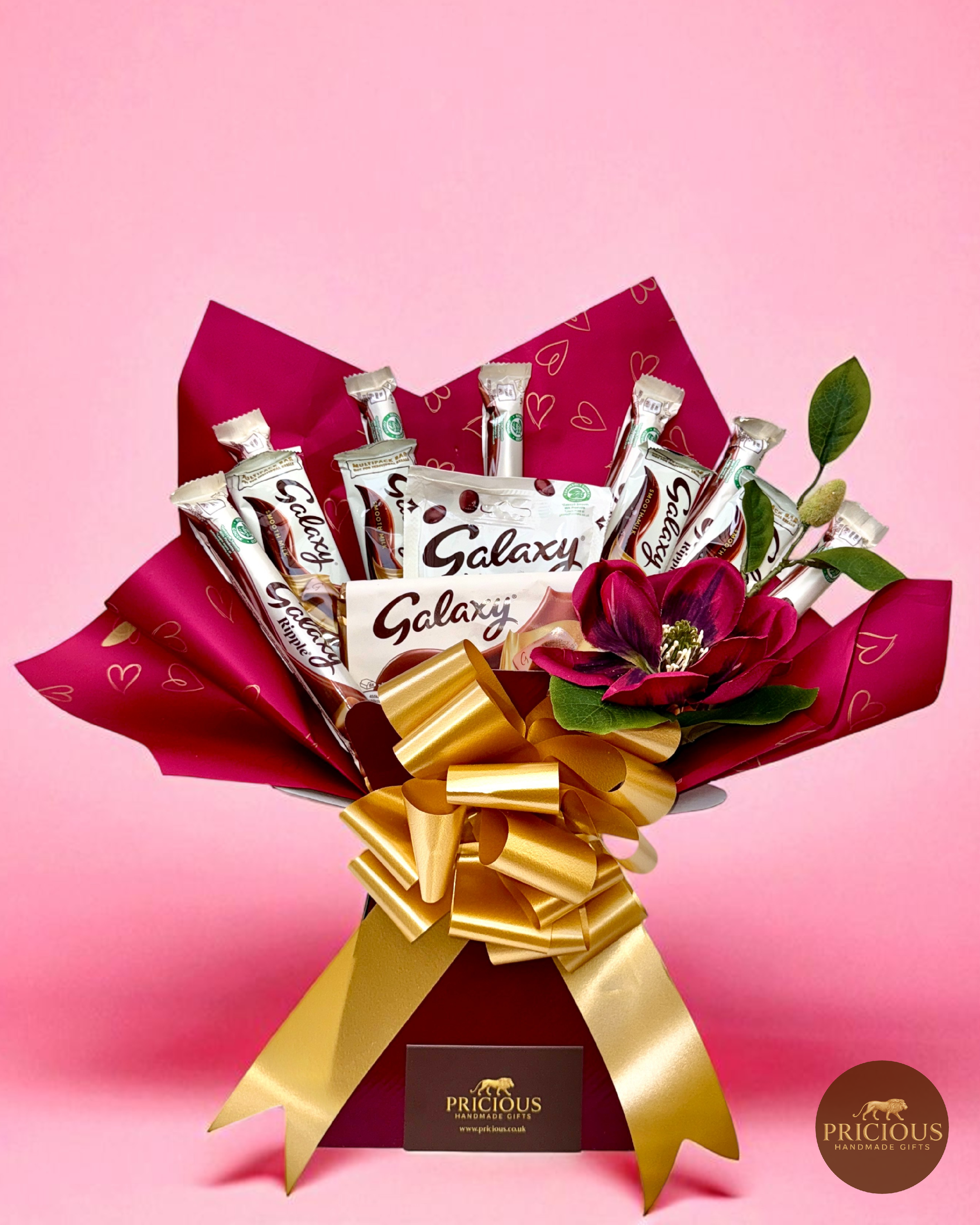 Side view luxury burgundy and gold Galaxy chocolate gift bouquet