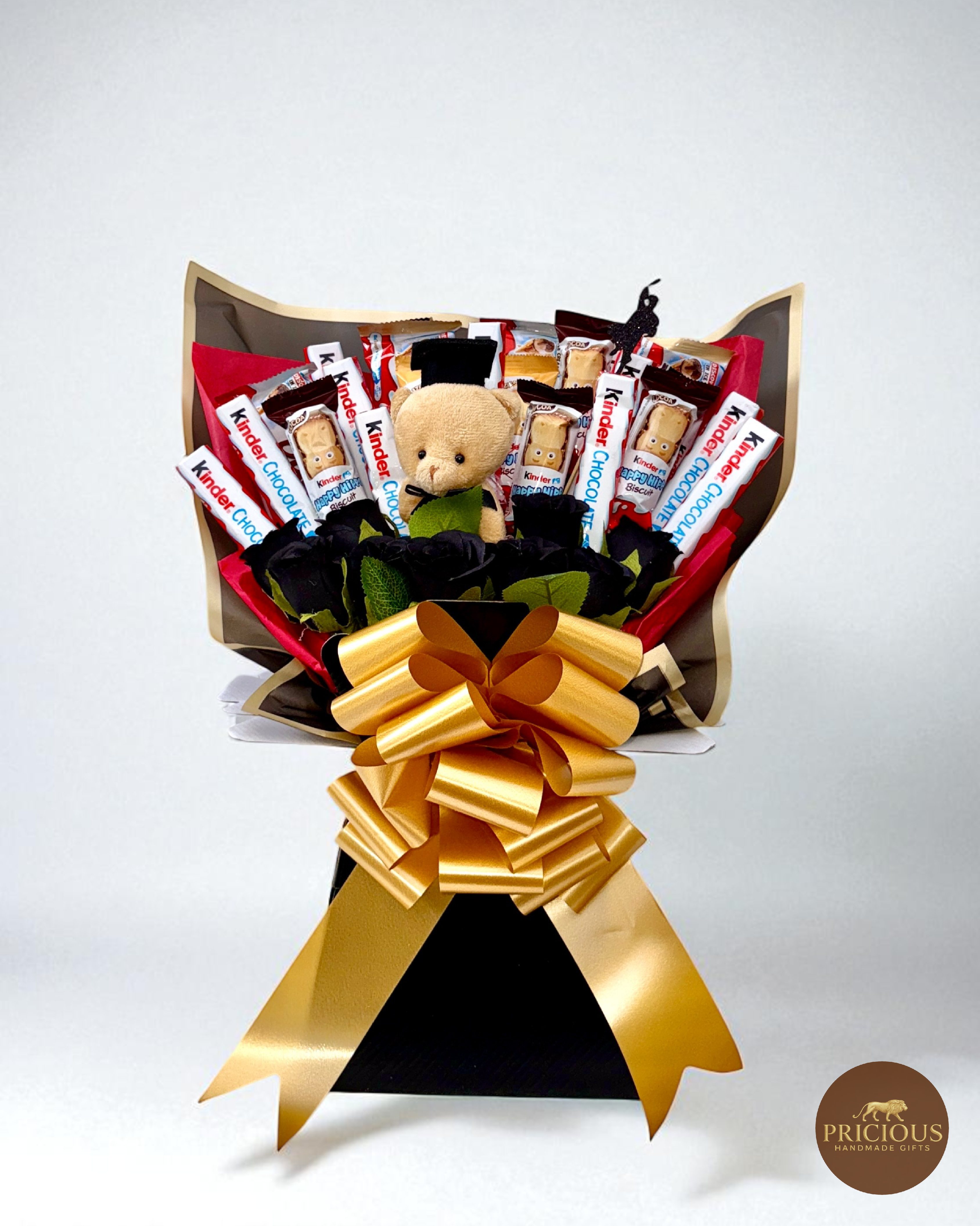Kinder graduation chocolate bouquet with teddy, black roses and gold bow