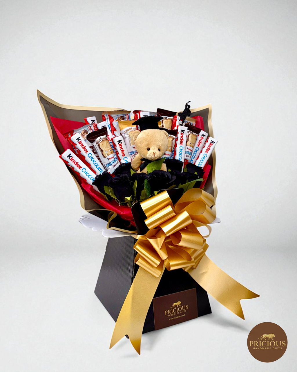 Side view luxury black-and-gold Kinder graduation chocolate gift bouquet