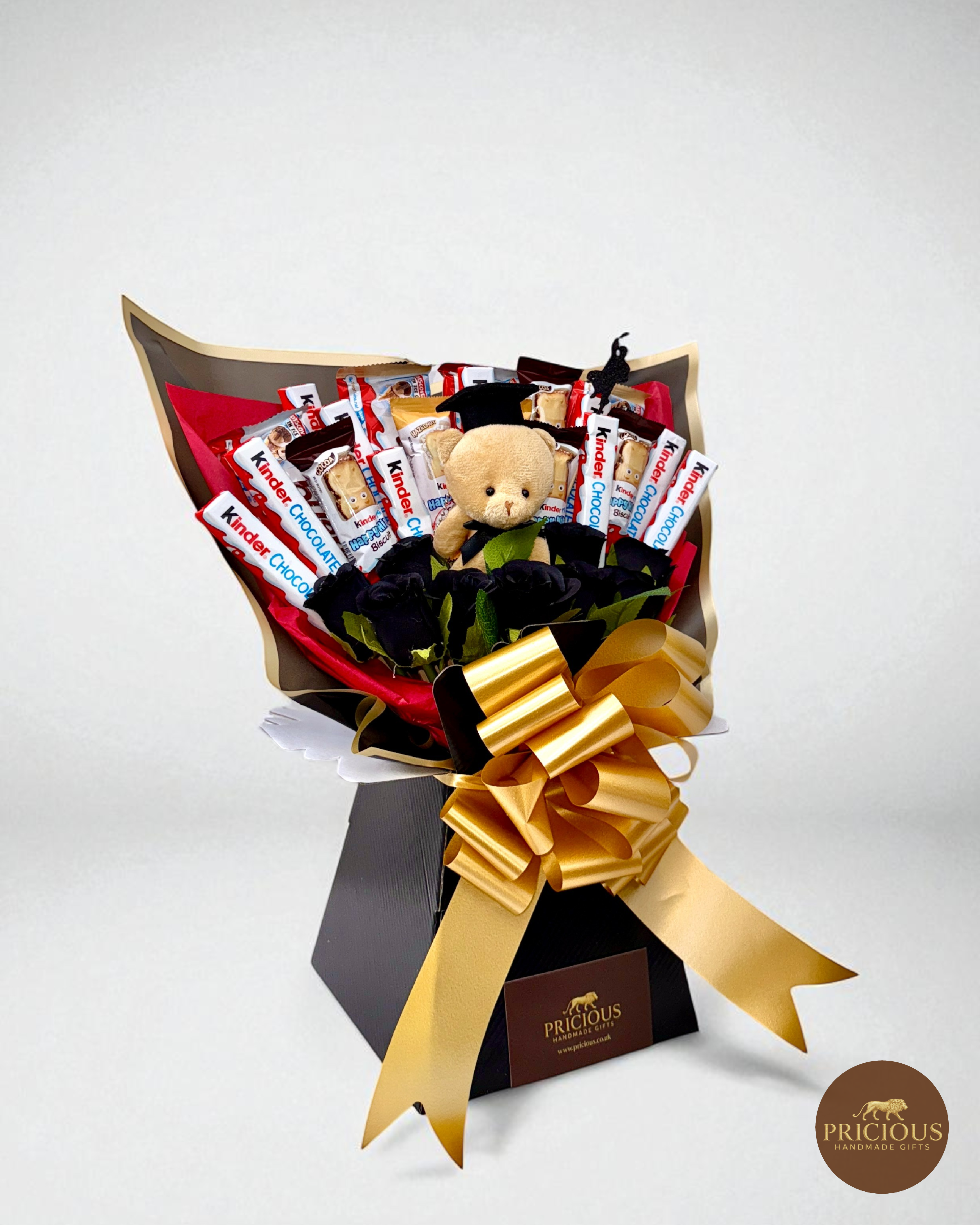 Side view luxury black-and-gold Kinder graduation chocolate gift bouquet