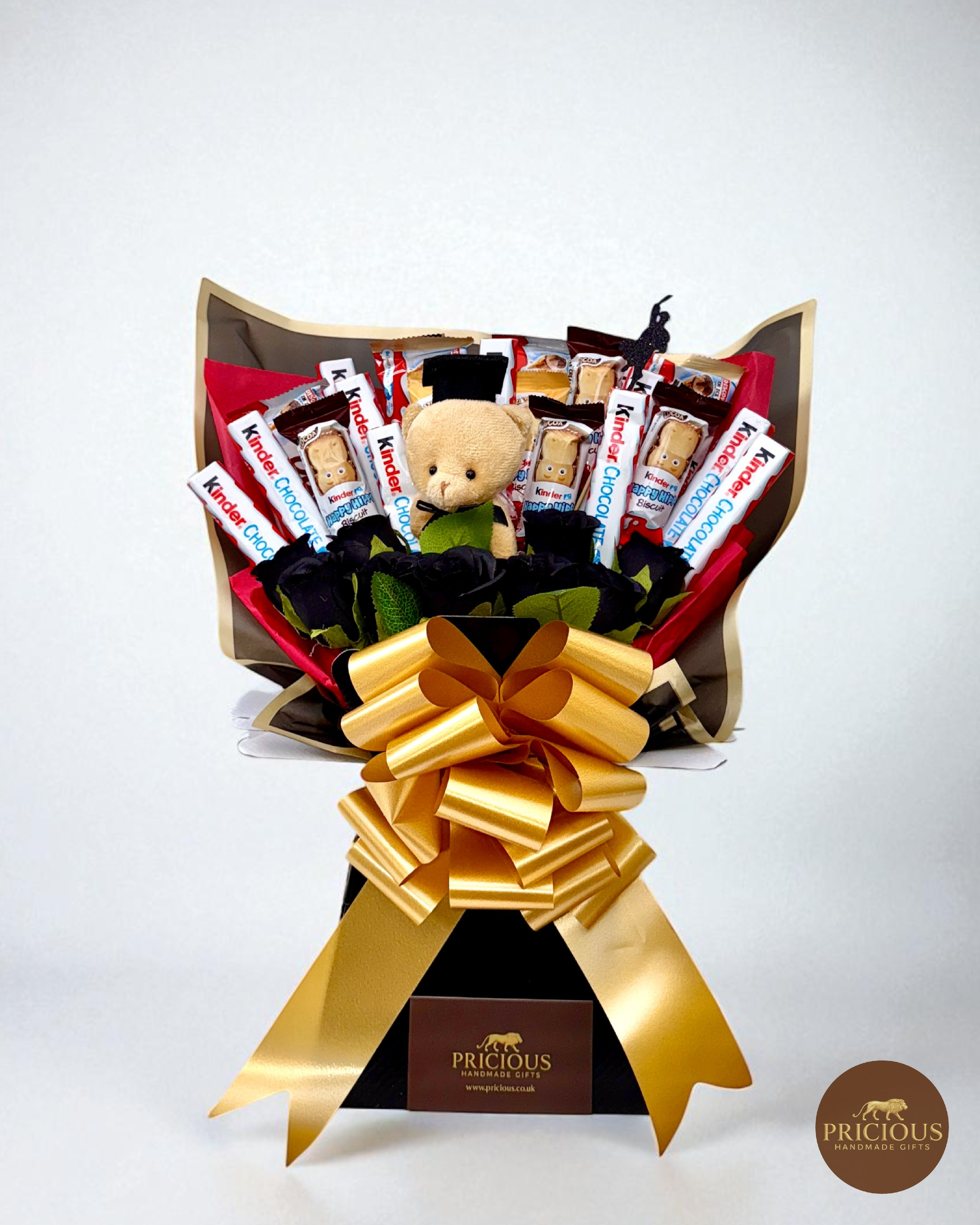 Front view Kinder graduation bouquet in black gift box with luxury gold ribbon