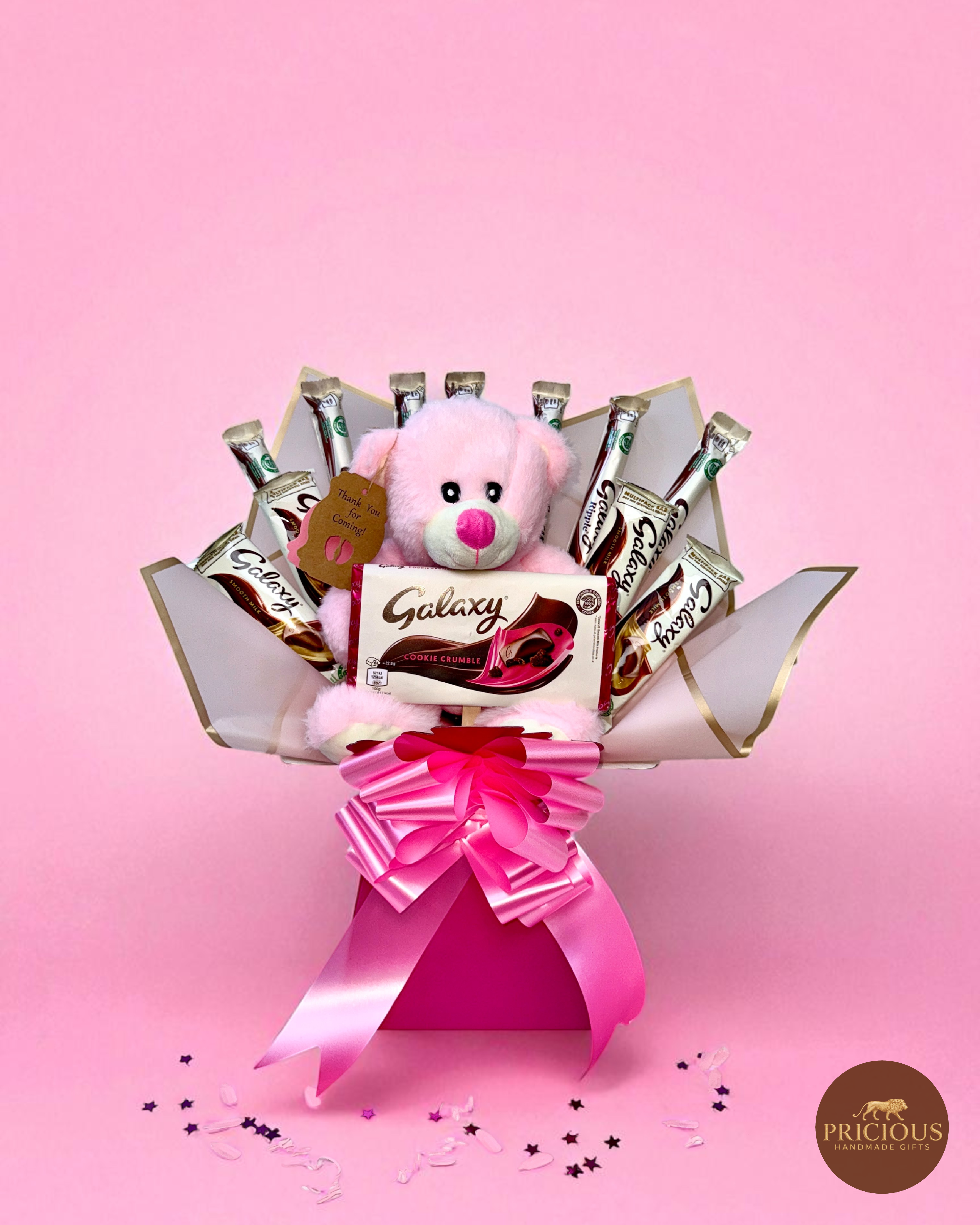 Galaxy pink teddy chocolate gift bouquet with Cookie Crumble tablet (pink & gold)
