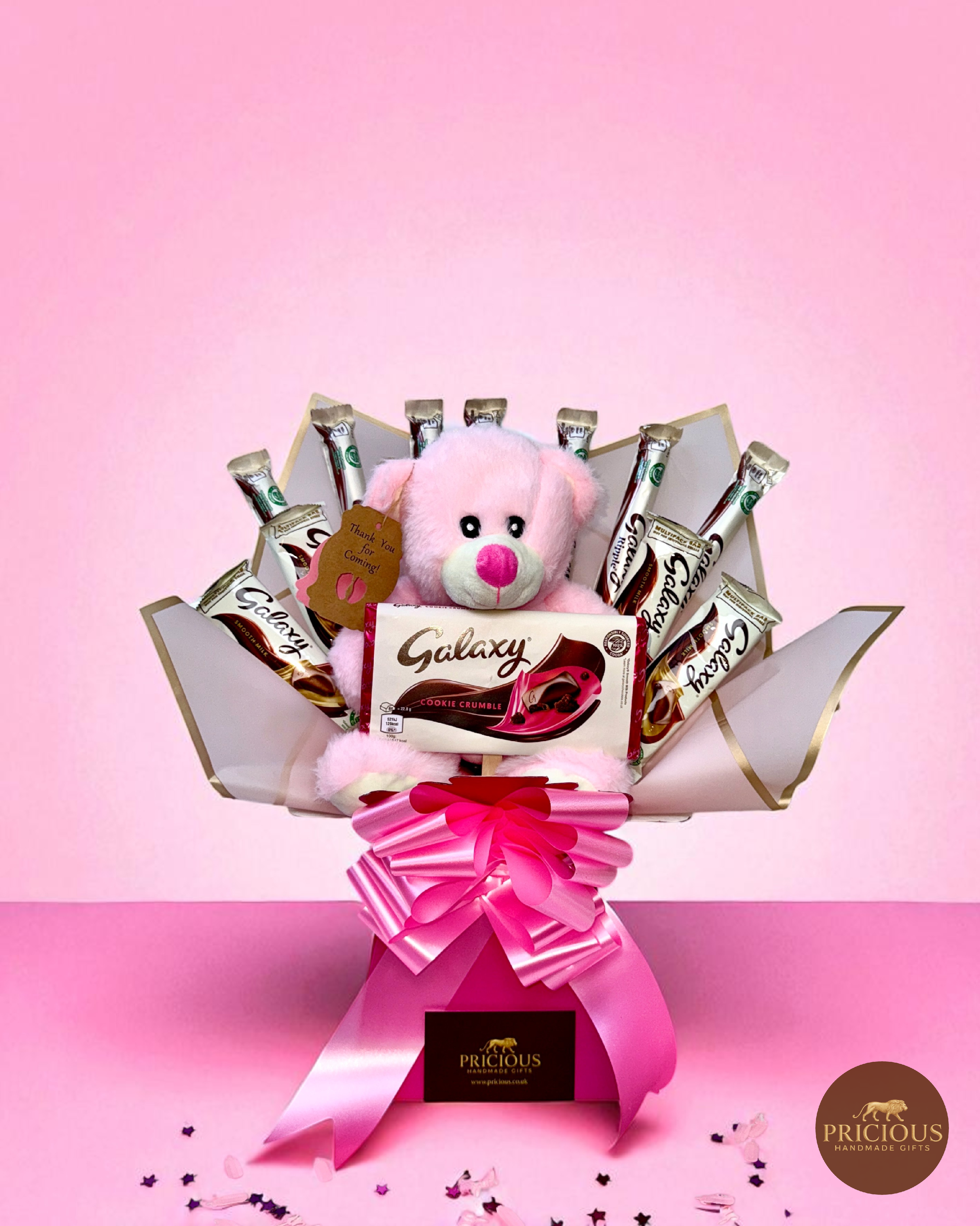 Front view Galaxy Cookie Crumble & pink teddy chocolate bouquet