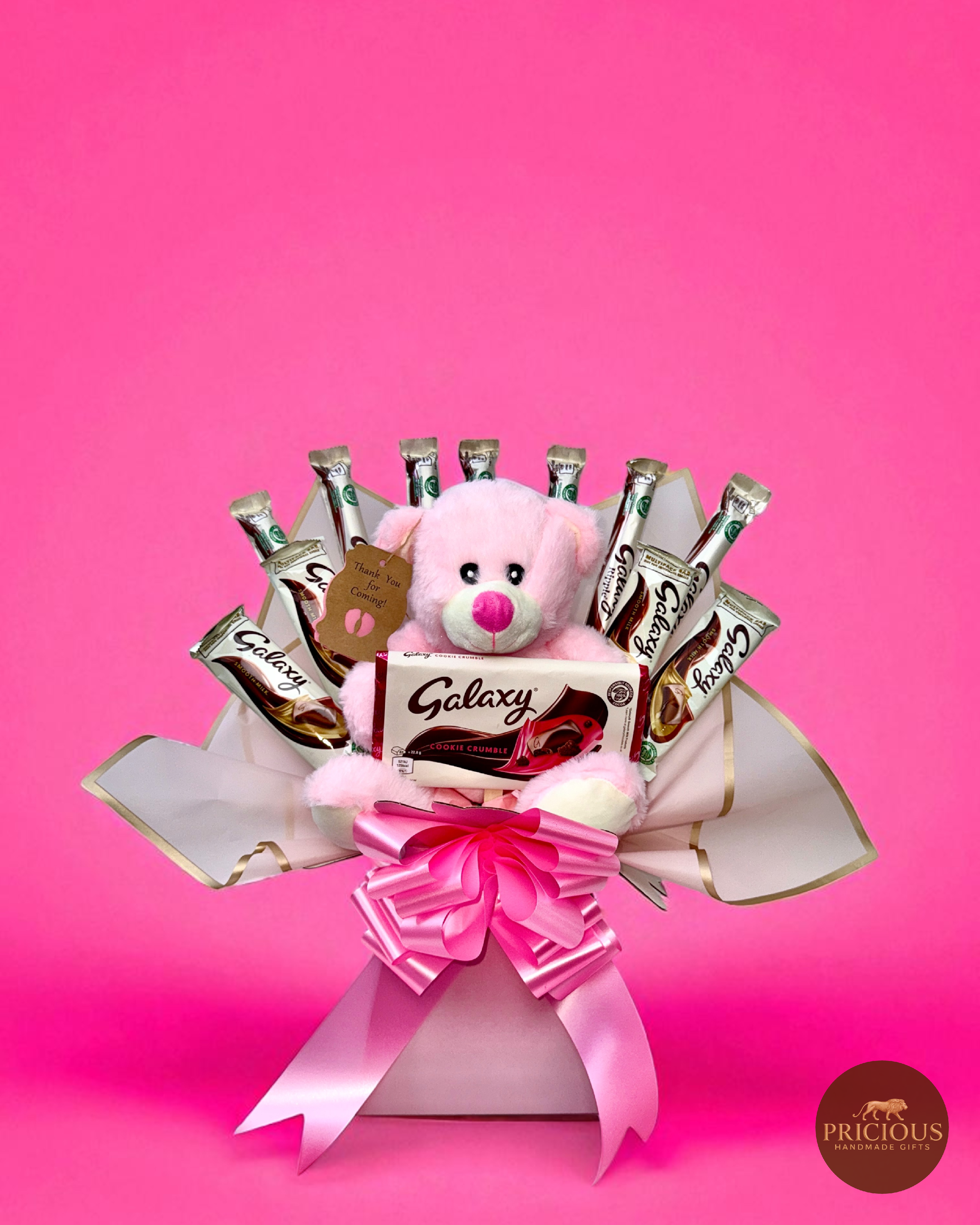 Galaxy Baby Girl teddy chocolate bouquet in pink & ivory with Cookie Crumble tablet