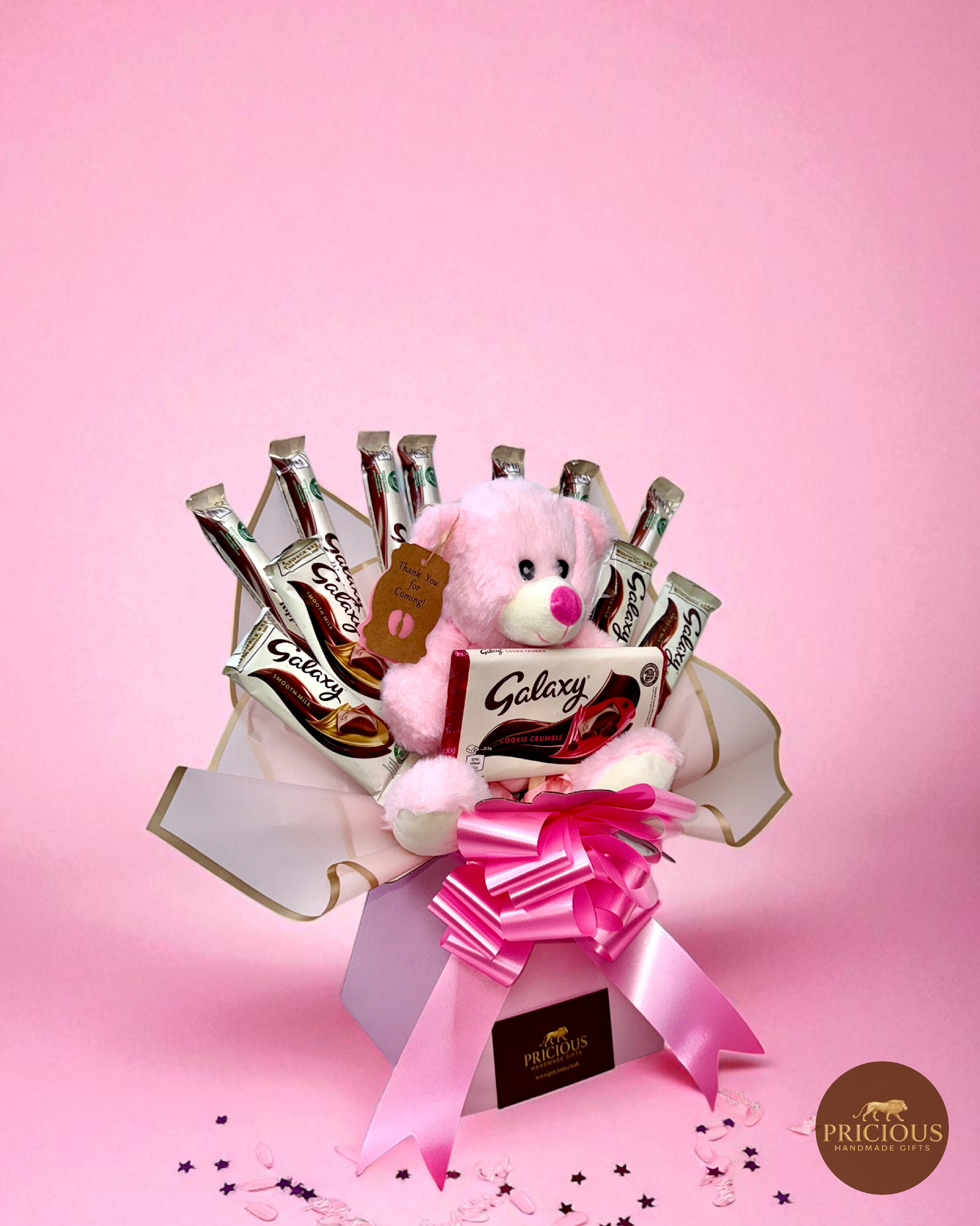 Side view pink & ivory Galaxy teddy chocolate gift bouquet