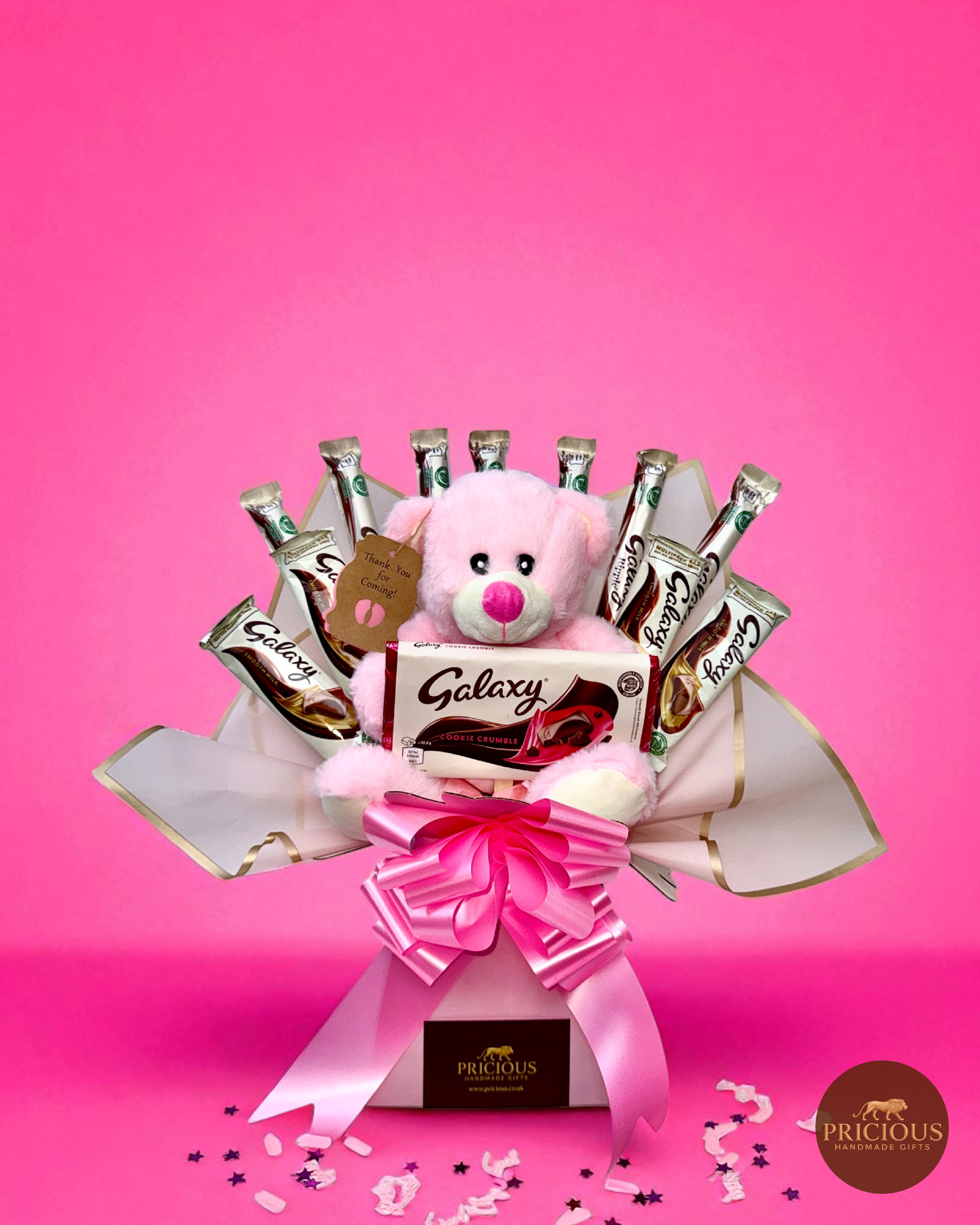 Front view pink teddy Galaxy bouquet with large pink satin bow