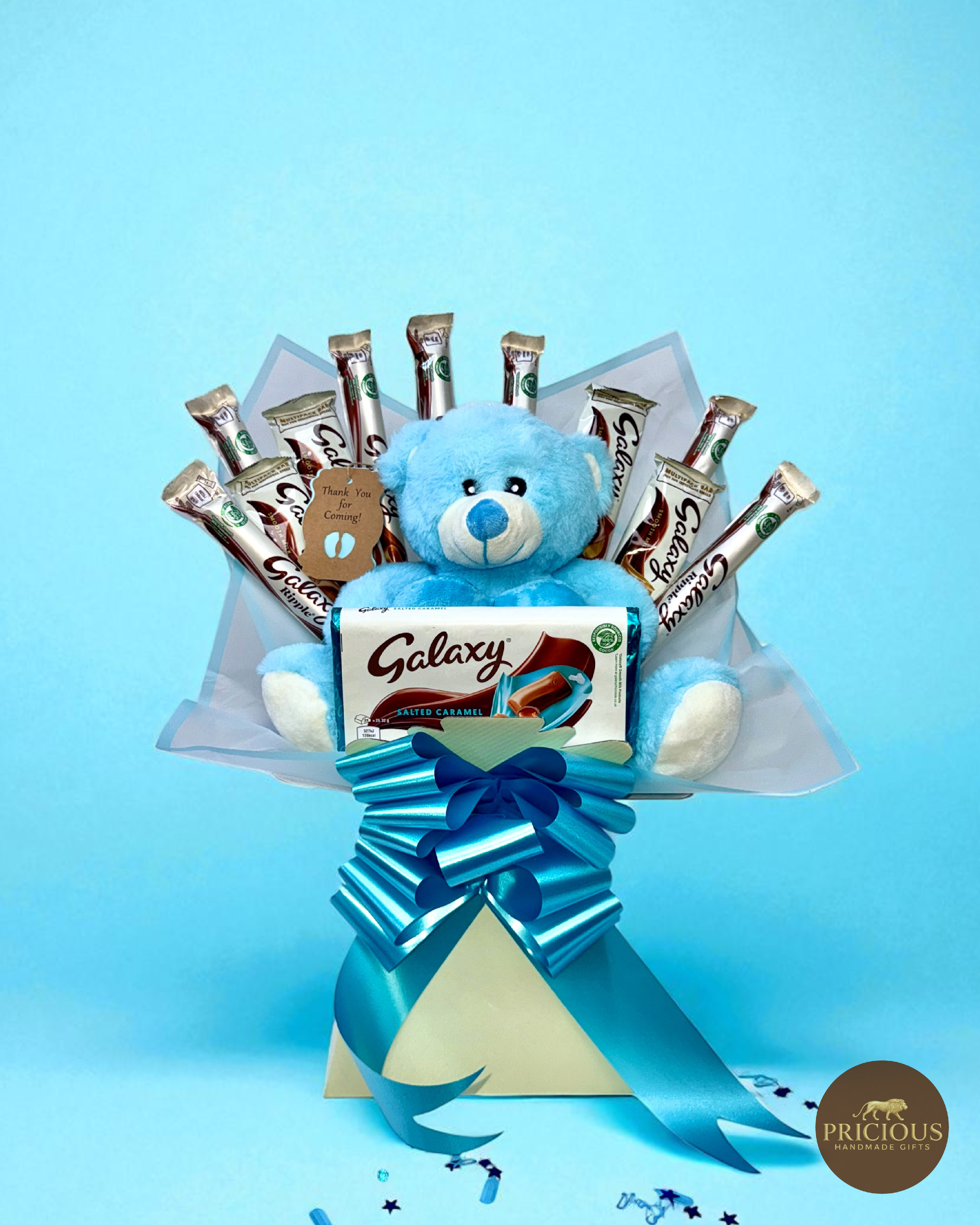 Galaxy chocolate bouquet with baby-blue teddy — blue & ivory