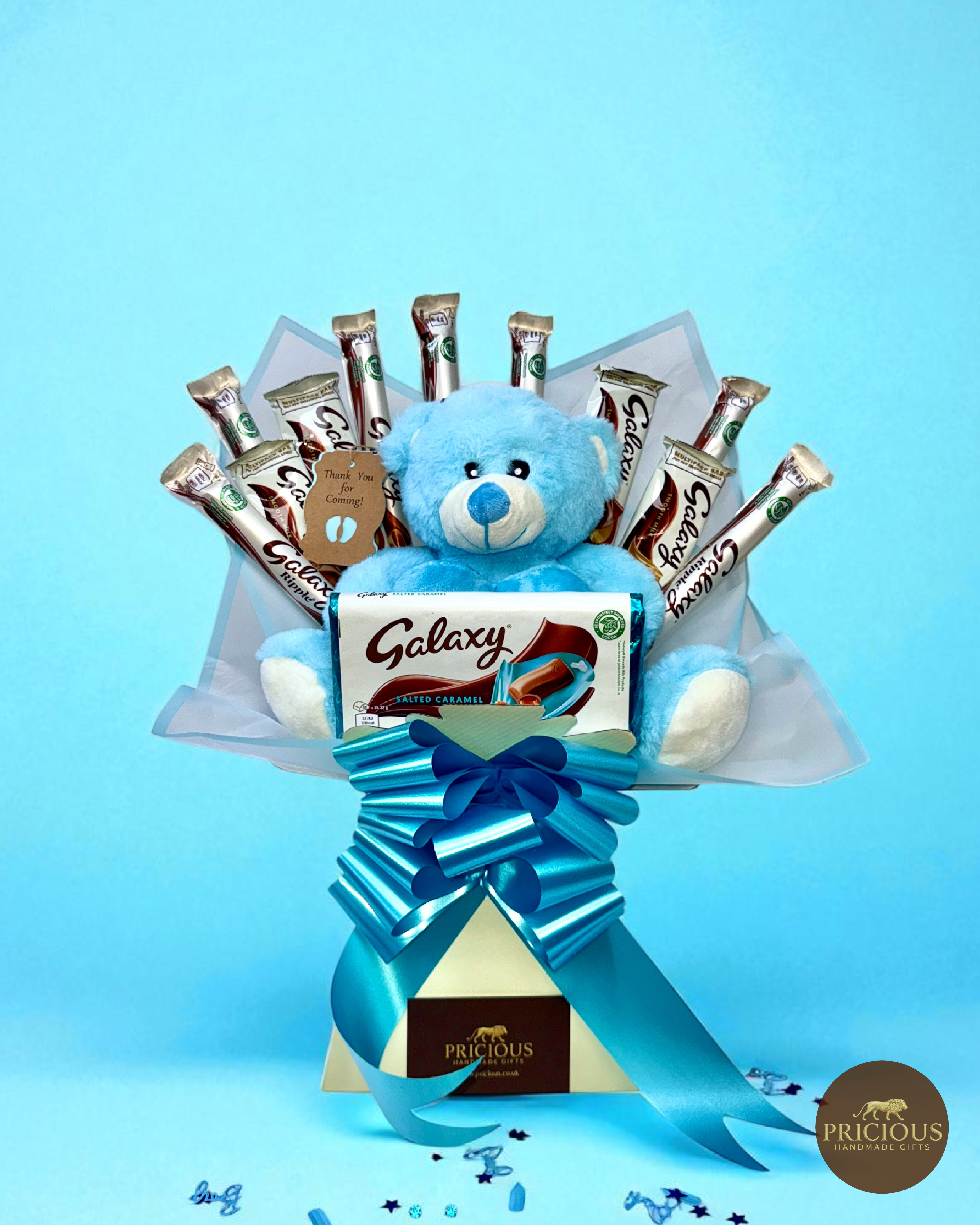 Front view Galaxy Baby Boy teddy chocolate gift bouquet