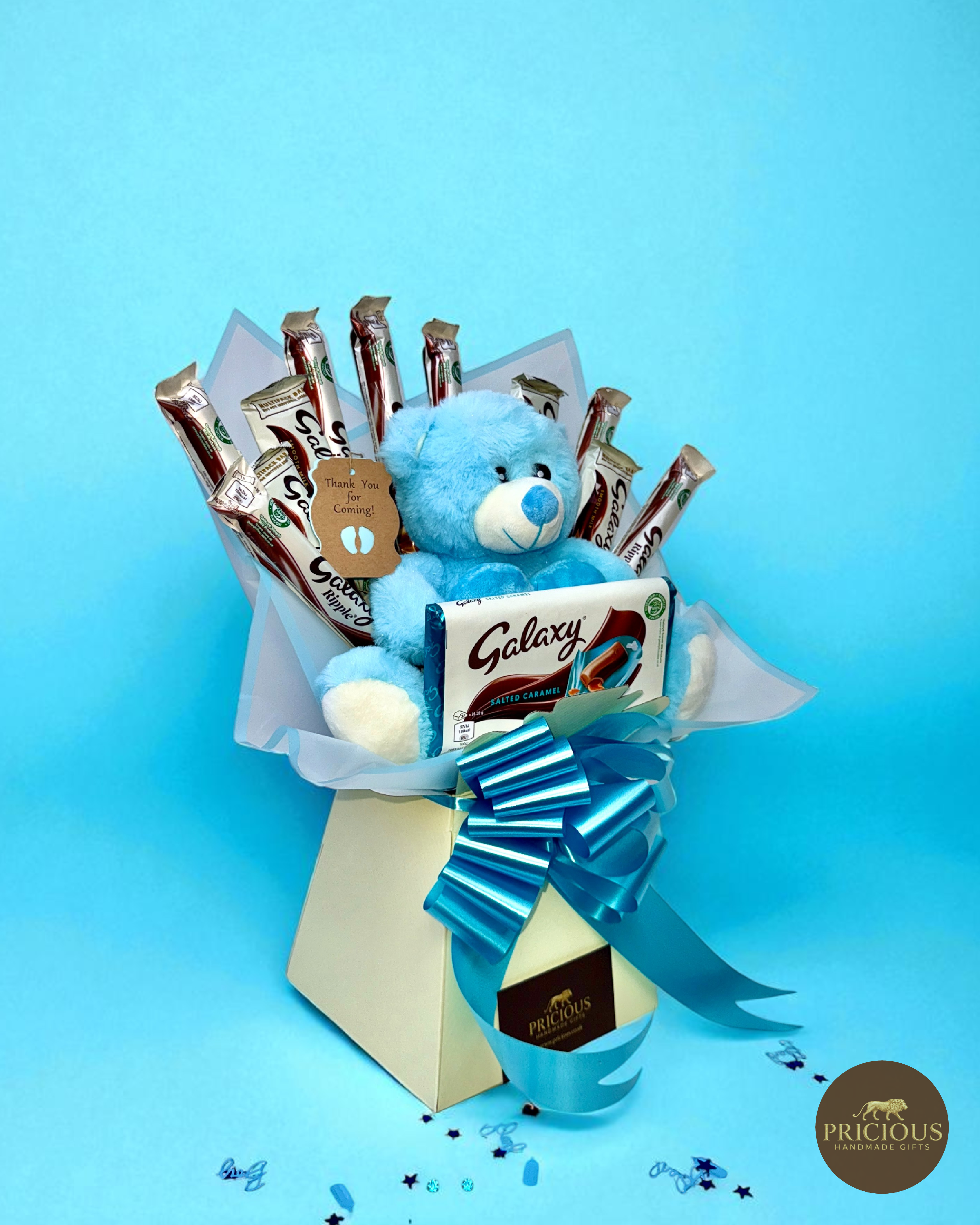 Side view blue & ivory Galaxy teddy bouquet with large tablet