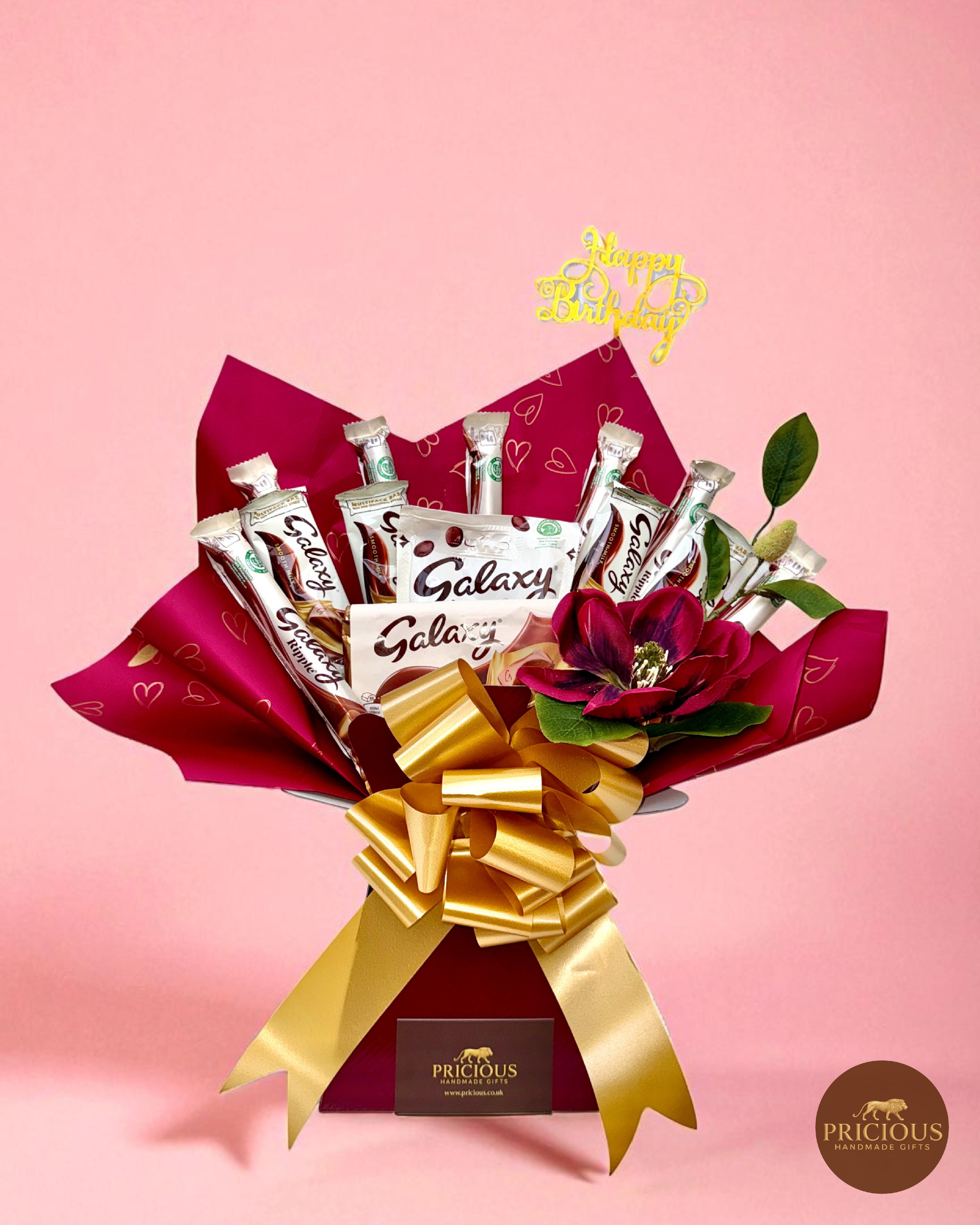 Front view Galaxy burgundy & gold birthday chocolate bouquet with floral accent