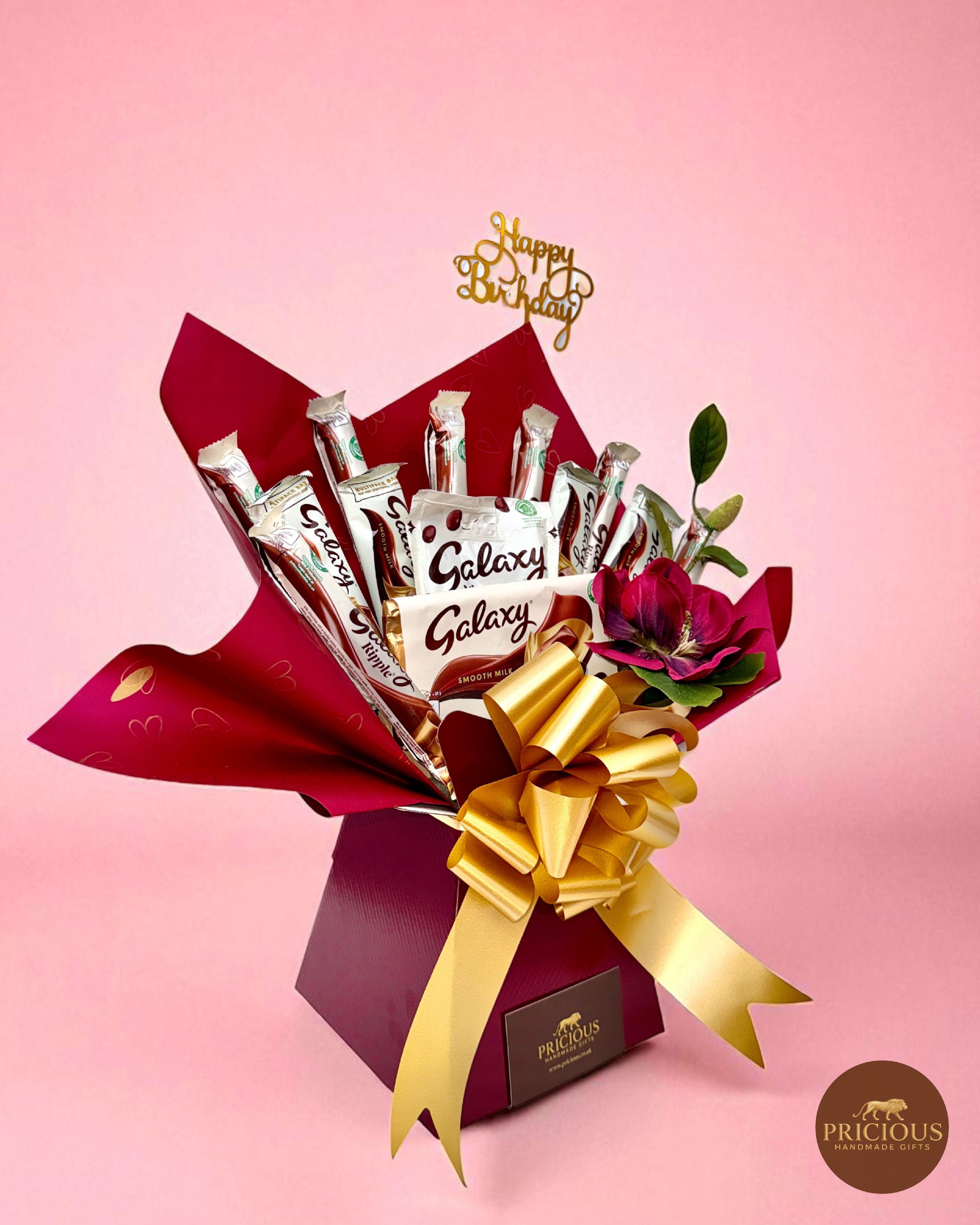 Side view luxury burgundy and gold Galaxy birthday chocolate gift bouquet