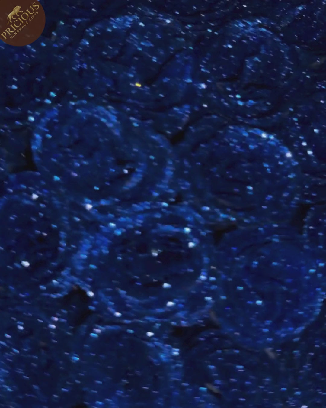 Top view of royal blue glitter roses bouquet, luxury hand-tied keepsake gift