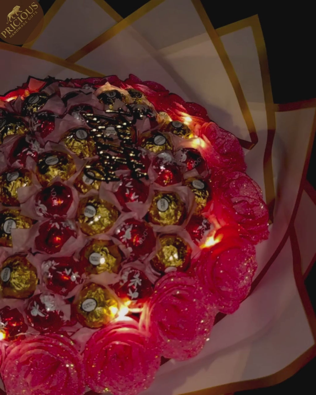 Majestic Ferrero & Lindor Glitter Roses Hand-Tied Bouquet with LED Fairy Lights
