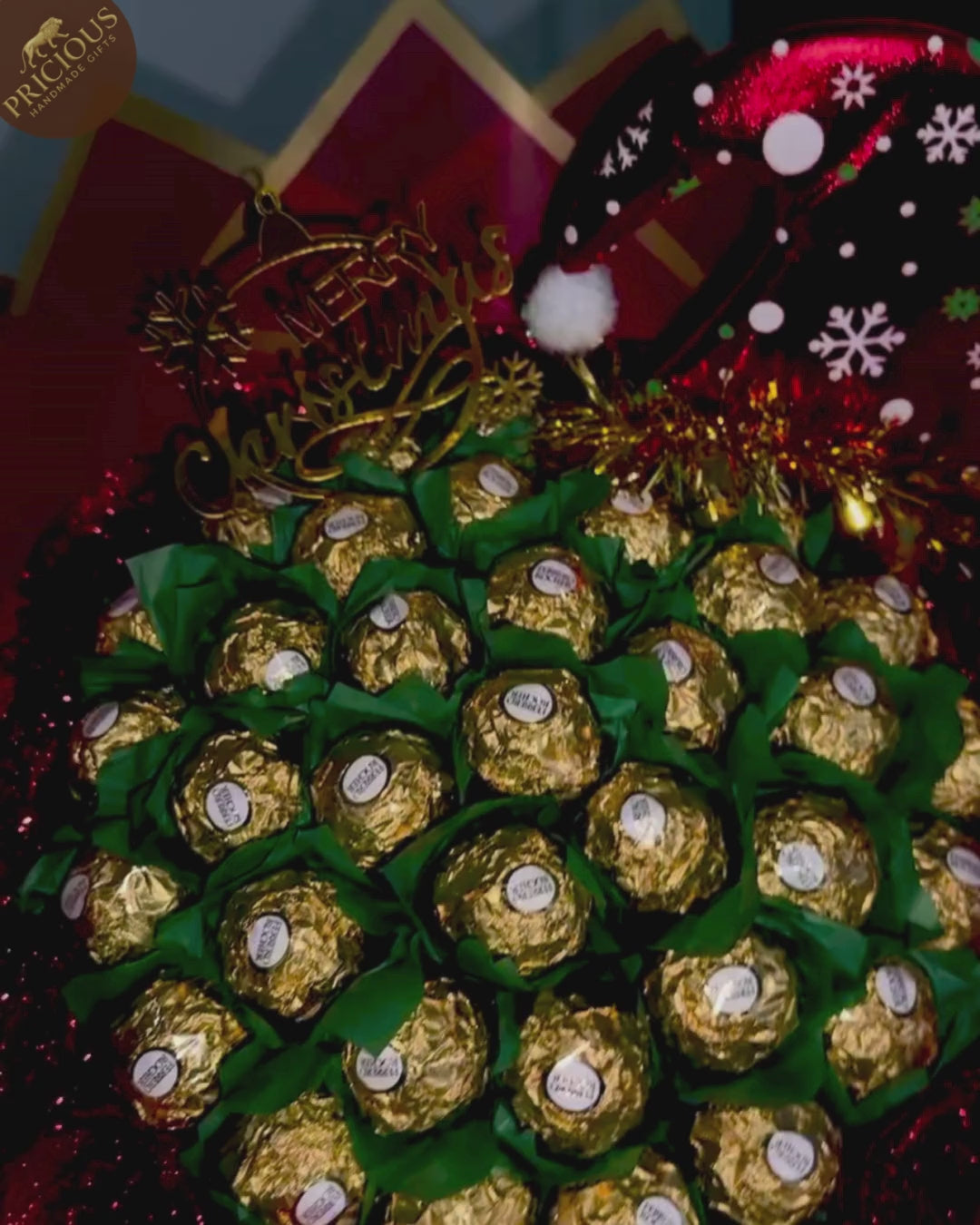 Christmas Ferrero Rocher with Red Glitter Roses Hand-Tied Chocolate Bouquet Gift