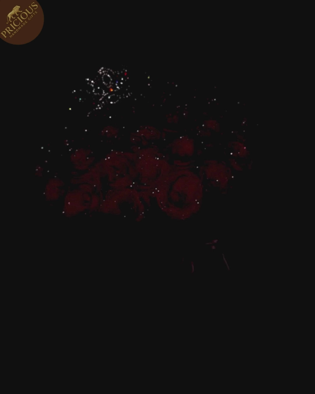 Close-up of pink glitter roses arranged around, keepsake bouquet — handmade in the UK.