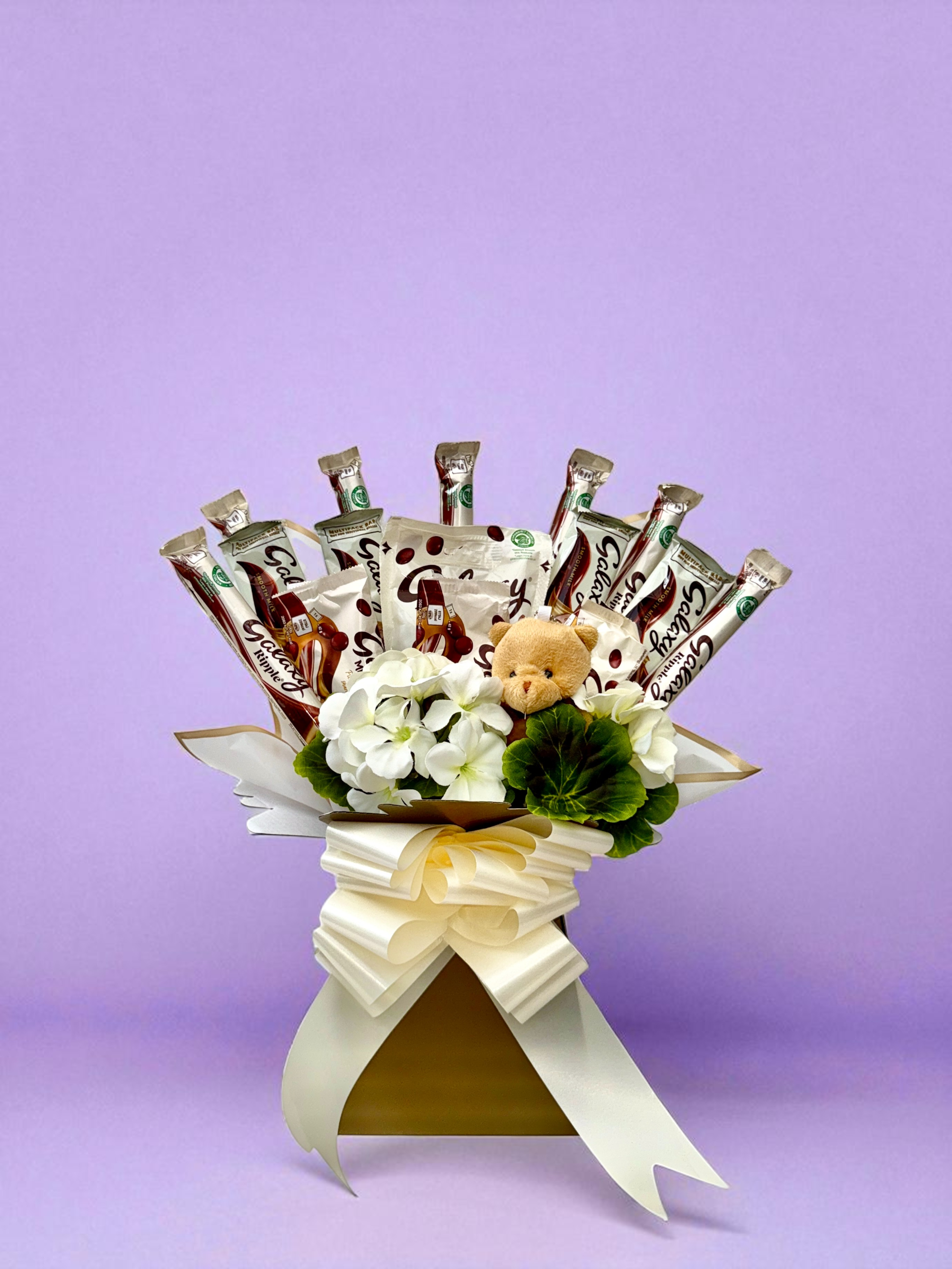 Ivory hydrangea Galaxy chocolate gift bouquet with mini teddy in mocha & gold box